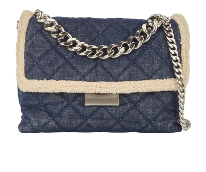 Quilted Flap Bag, £320, Handbags, Blue, Denim/Shearling, Front view